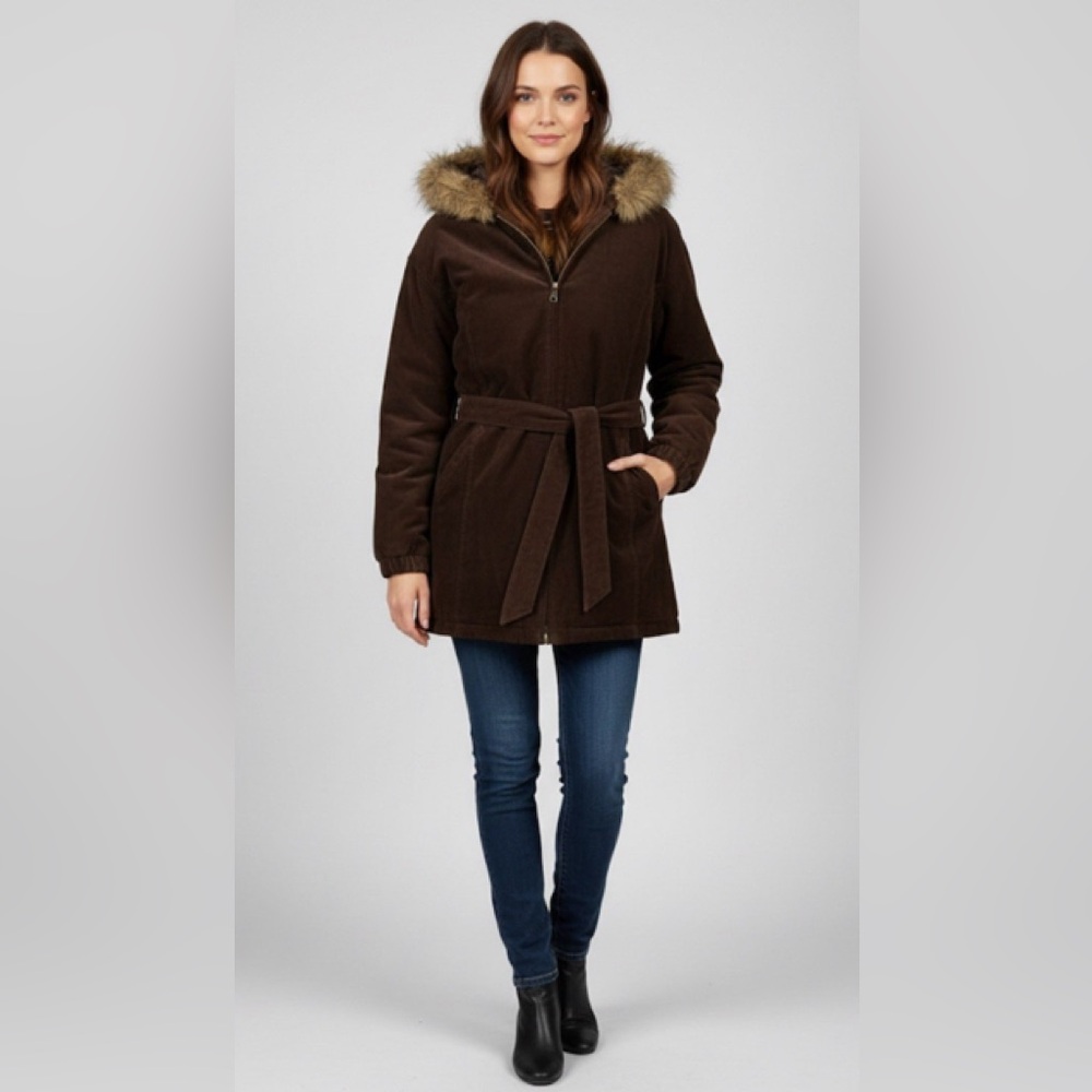 WILSONS ADVENTURE BOUND. Suede Leather Coat Belted Jacket w/ Hood.  Size M.